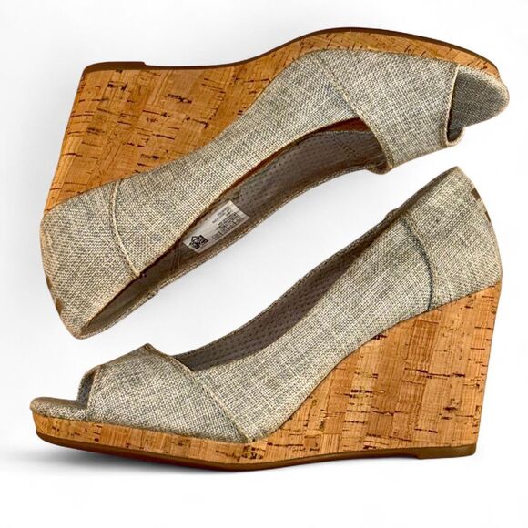 TOMS Cork Wedge Peep Toe Sandals, Boho Woven Silver Tweed Platform Heels Size 9 - Picture 1 of 10